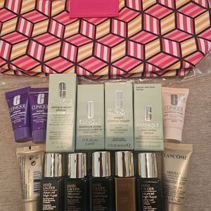 Estee Lauder, Clinique,  Lancome Samples and Cosmetic bag Clinique